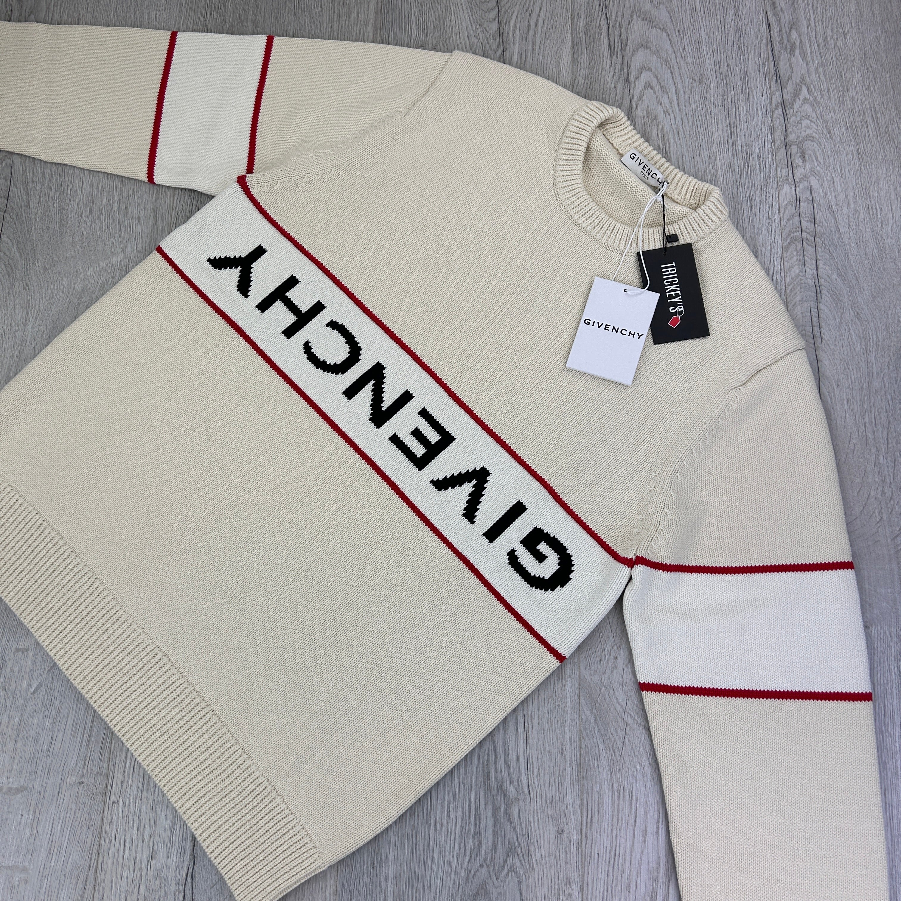 Givenchy Men s Beige Stripe Logo Knitted Crewneck Jumper Trickey.store