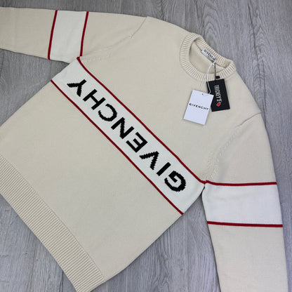 Givenchy Men’s Beige Stripe Logo Knitted Crewneck Jumper