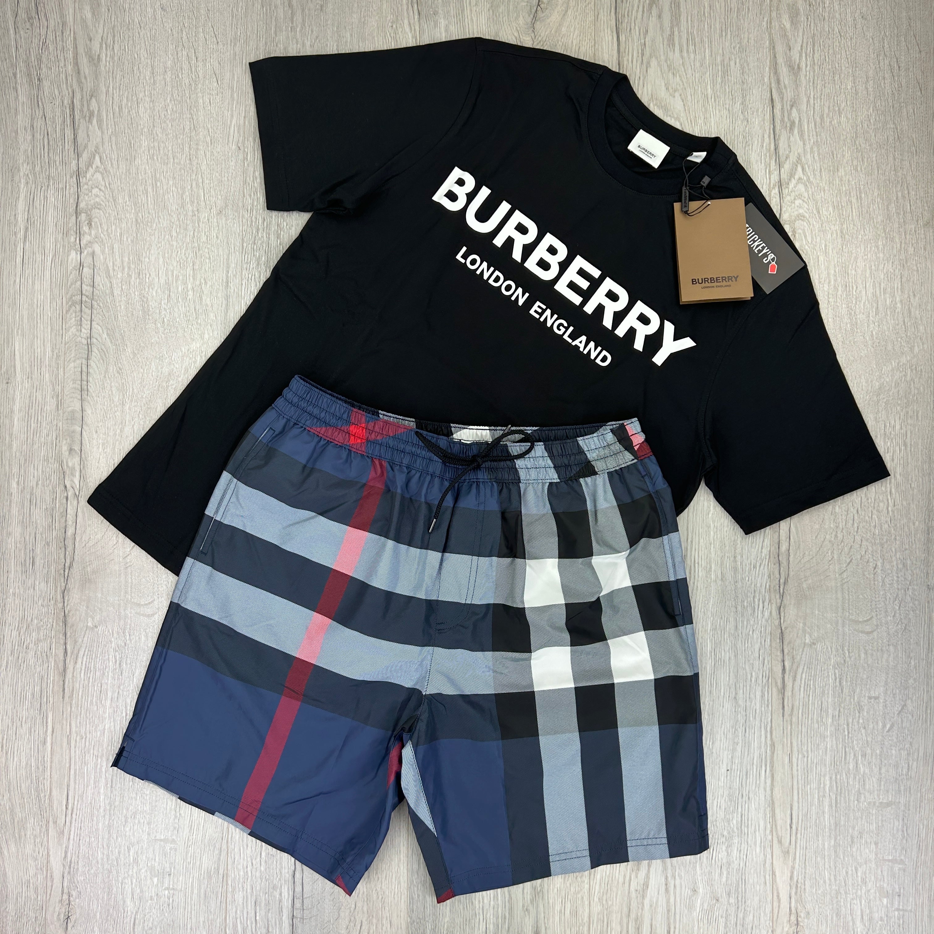 Burberry Men s Black T shirt Navy Swim Short Set Trickey.store