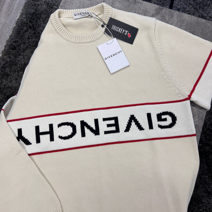 Givenchy Men’s Beige Stripe Logo Knitted Crewneck Jumper