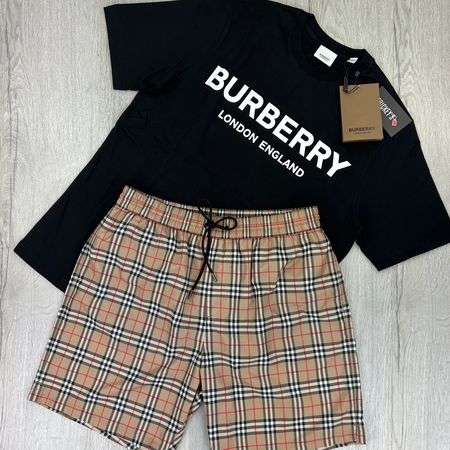 Burberry Men’s Black T-shirt & Beige Small Check Swim Short Set