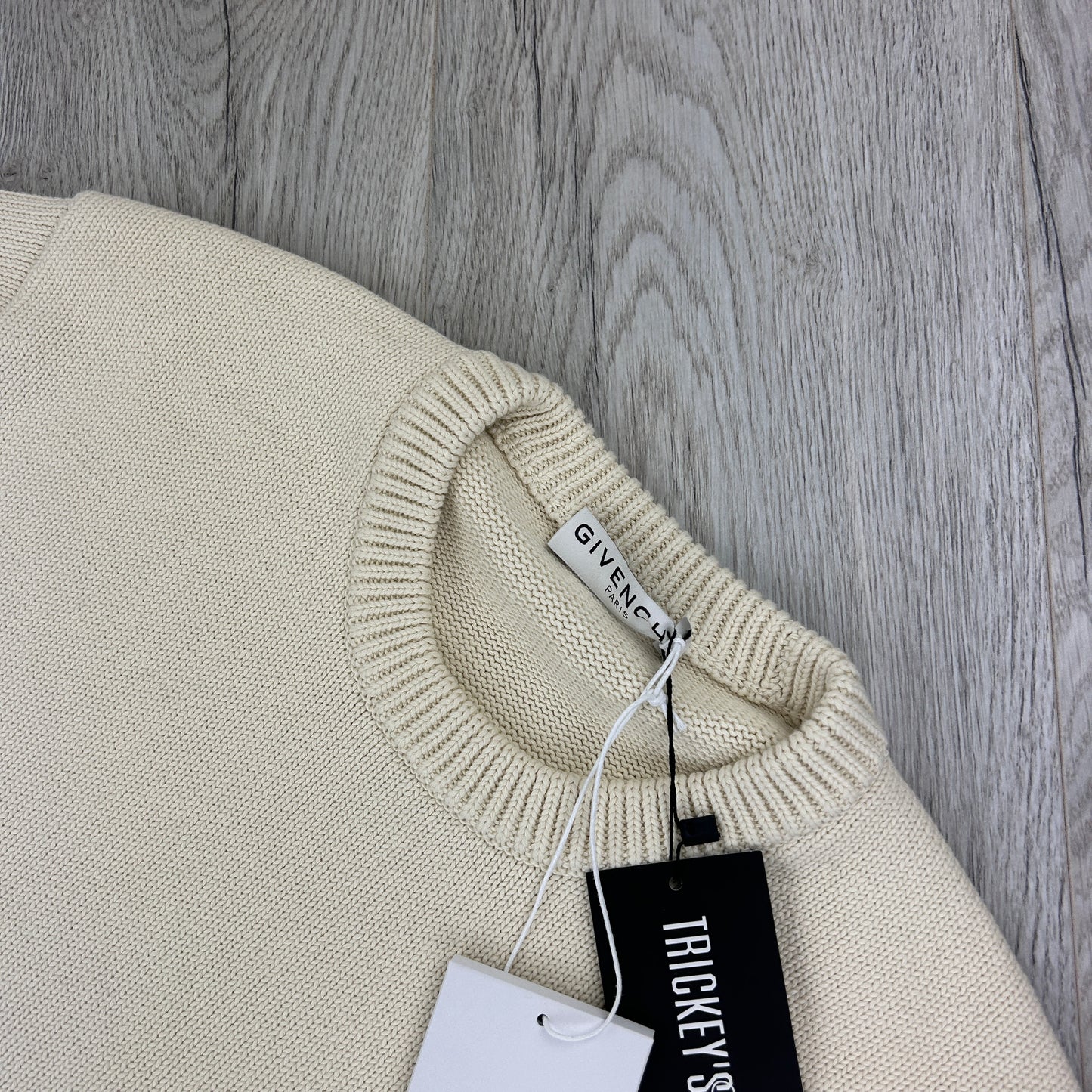 Givenchy Men’s Beige Stripe Logo Knitted Crewneck Jumper