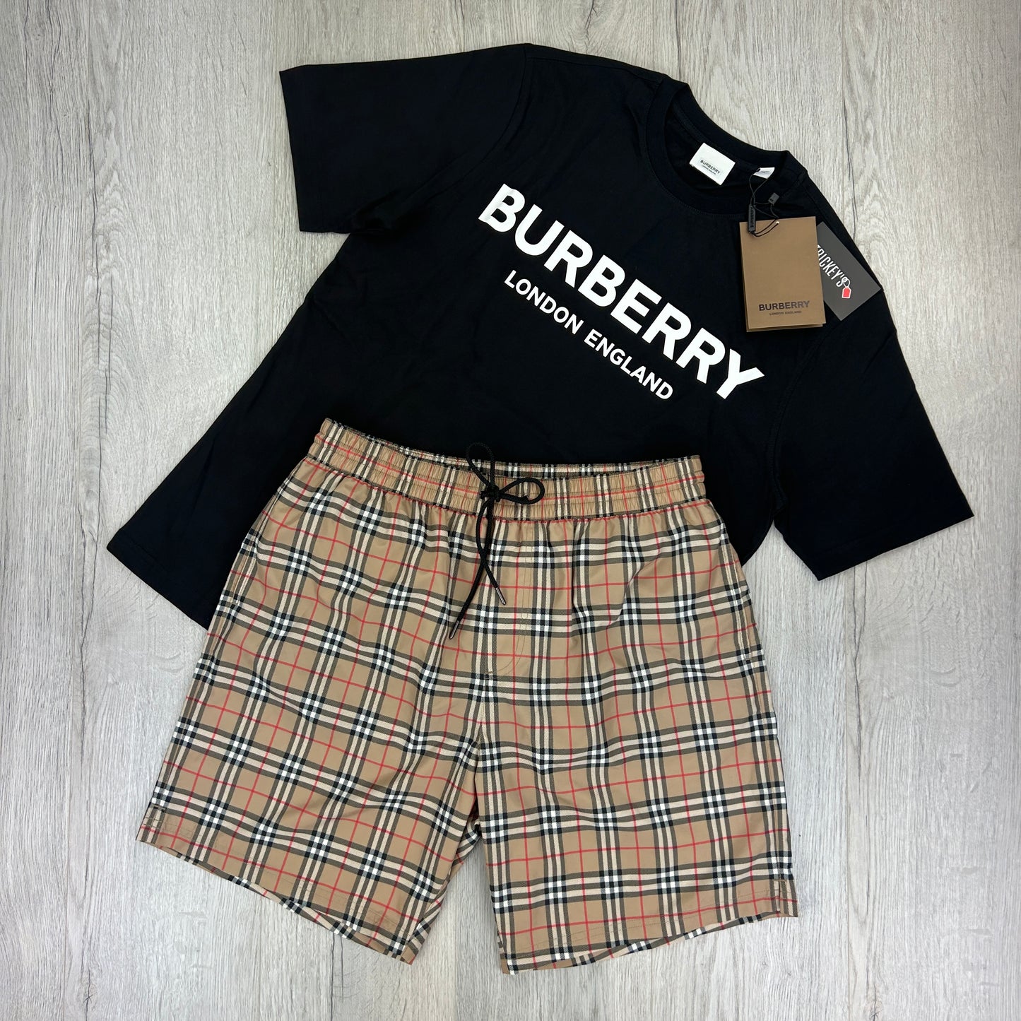 Burberry Men’s Black T-shirt & Beige Small Check Swim Short Set