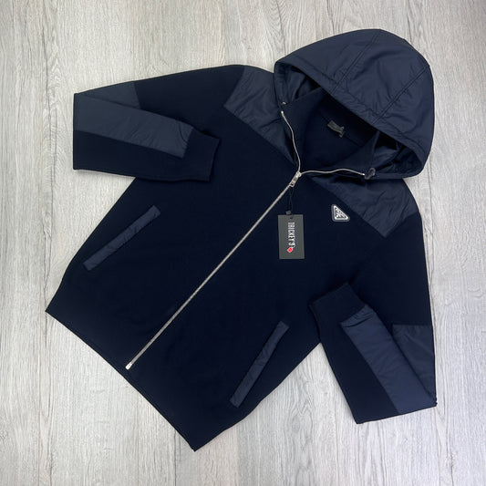 Prada Men’s Navy Zip-ip Nylon & Wool Hooded Cardigan - Size 50