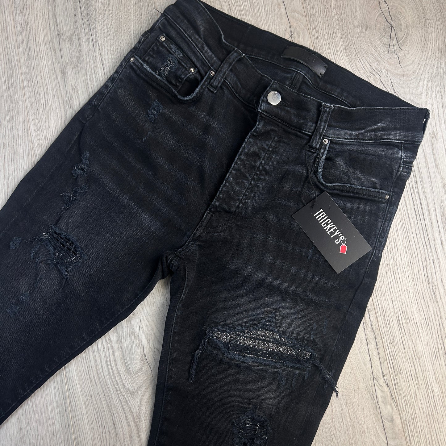 Amiri Men’s MX1 Iridescent Black Blue Distressed Jeans - Uk 30