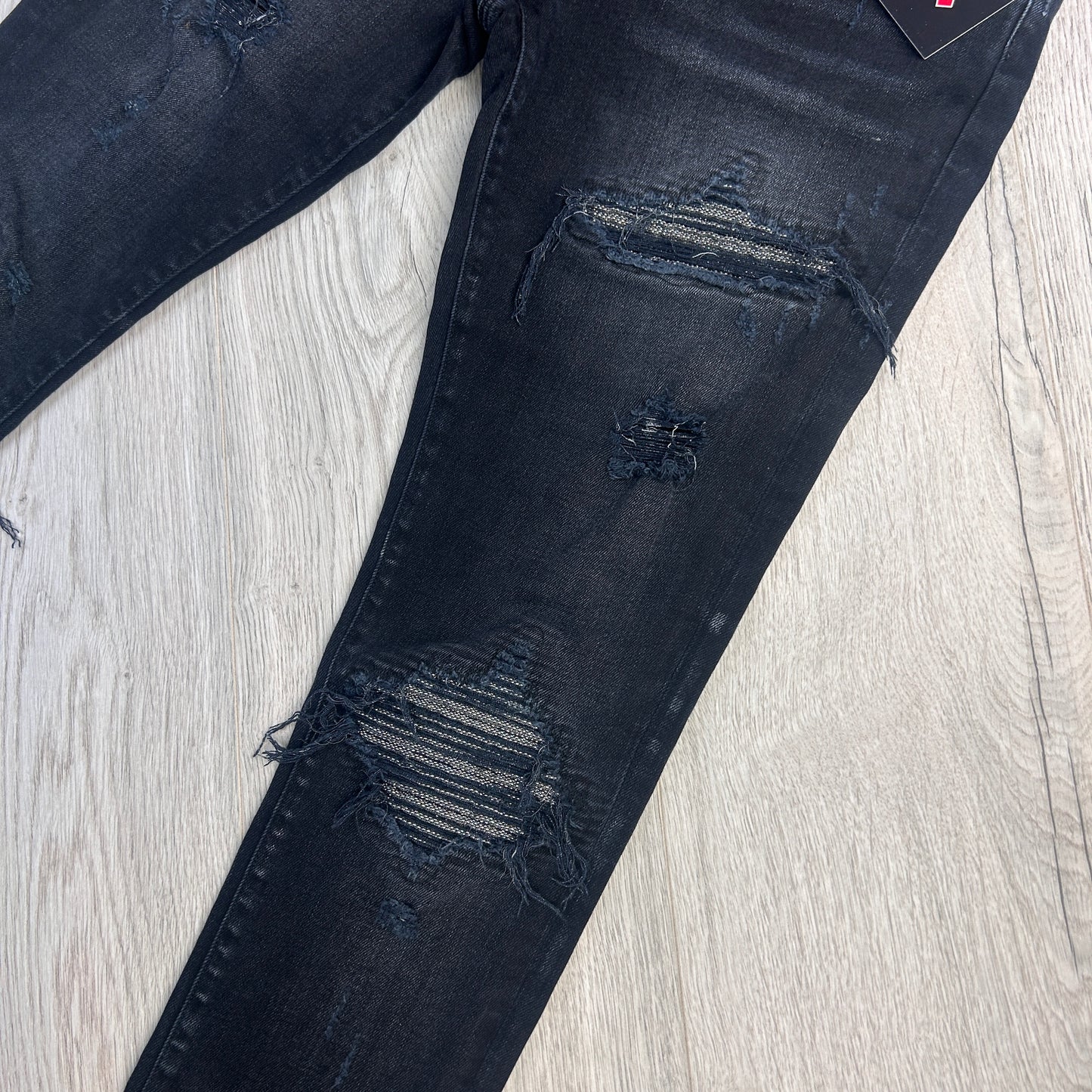 Amiri Men’s MX1 Iridescent Black Blue Distressed Jeans - Uk 30